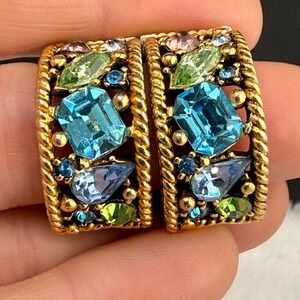 Vintage Barclay Huggie‎ Hoop Earrings Gold Multi Color Rhinestone Mixed Cut